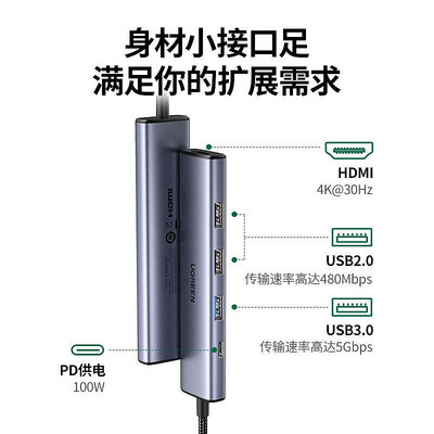 擴展塢UGREEN綠聯Type-C擴展塢蘋果電腦轉換器雷電4拓展塢USBC3.0轉接頭