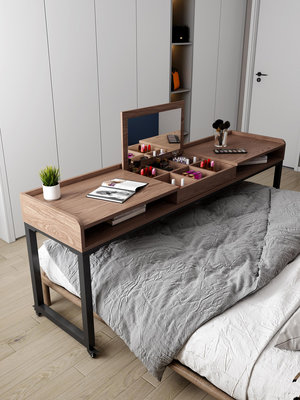 原木可移動跨床桌臥室床上書桌床尾桌實木電腦桌長條桌家用化妝桌