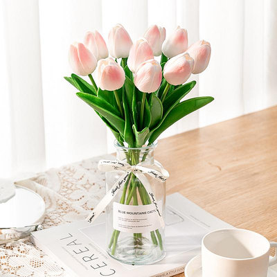 白色郁金香仿真假花客廳綠植擺設房間臥室裝飾粉色干花束餐桌擺件~沁沁百貨
