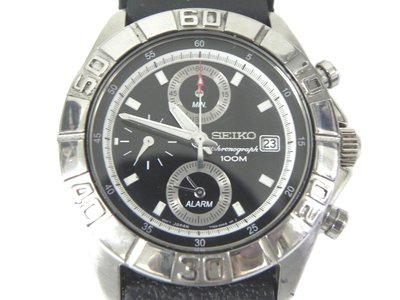 [專業模型] 三眼錶 [SEIKO 507321] 精工三眼計時/鬧鈴圓型[黑色面]不銹鋼石英/時尚/中性/軍錶
