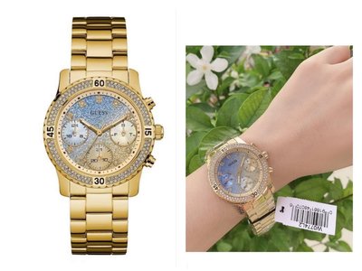GUESS 鑲水晶漸層色錶盤 金色不鏽鋼錶帶 石英 女士手錶 W0774L2