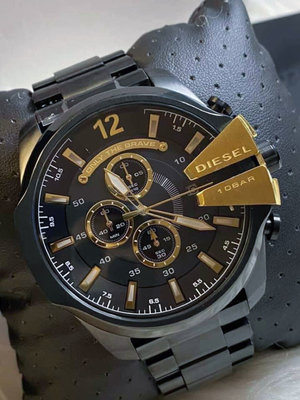 DIESEL Mega Chief 黑色面錶盤 黑色不鏽鋼錶帶 石英 三眼計時 男士手錶DZ4338