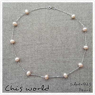 Chi’s world~天然淡水養殖珍珠項鍊 粉橘色珍珠 925純銀 優雅 母親節禮物生日喜宴裝飾配件 純銀項鏈
