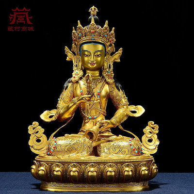 佛藝館 全銅鎏金雕花《金剛薩埵》鑲嵌寶石銅像居家室內客廳玄關桌面擺件 FY