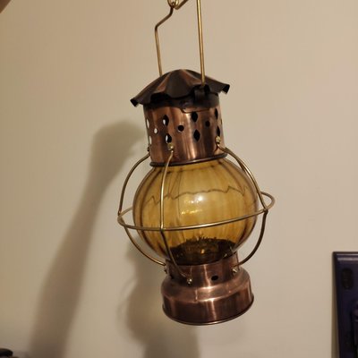 銅製 球形煤油燈 船燈 kerosene lamp 有色黃玻璃 銅燈 吊燈 brass copper glass boat light chandelier