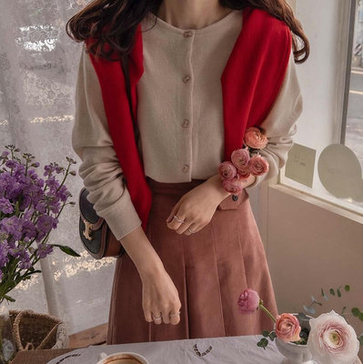 【韓國連線】alice 愛麗斯韓國 041165 可愛蝴蝶結鈕扣設計圓領混羊毛針織上衣外套