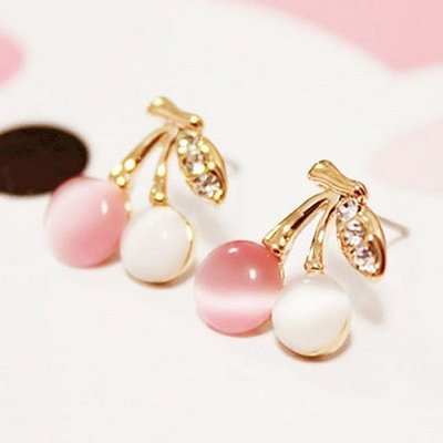 【NiNi Me】 夾式耳環 甜美可愛小櫻桃水果貓眼石鑲鑽時尚氣質夾式耳環 夾式耳環N9027