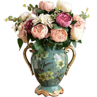 花瓶 美式陶瓷電視中式玄關餐桌仿真花干花裝飾