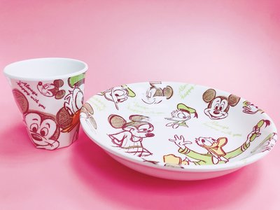 現貨 日本迪士尼限定 正版新品 MICKEY 米奇X唐老鴨 兒童餐具二件組 素描餐盤X杯子 耐熱耐凍可洗碗機 絕版特價