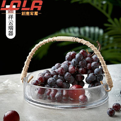 家用簡約玻璃籃輕奢手提沙拉干果盤現代水果盤客廳網紅果酒桶-LOLA創意家居