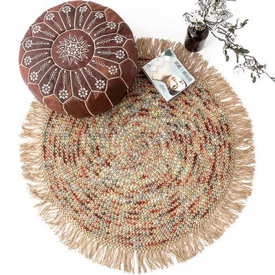 米可家飾~億紡家印度手工編織黃麻圓形地毯復古民族風波西米亞圓形地毯地墊地毯手工地毯