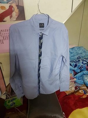 A|X Armani Exchange 亞曼尼 藍色素面修身長袖襯衫(M)
