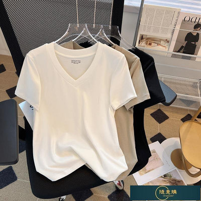 熱賣 白色v領不規則短袖T恤女夏季純棉修身百搭純色上衣 促銷