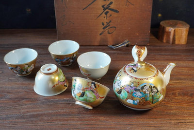 日本老物九谷燒七福神茶具套一壺五杯茶器