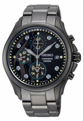 SEIKO 精工 全黑色三眼計時晶鑽日期鍊帶女錶 SNDX67P1 /38mm原廠24個月保固
