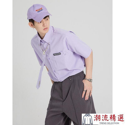 oops studios紫色領帶短袖襯衫男寬松夏季少年感小眾休閑情侶襯衣-潮流精選