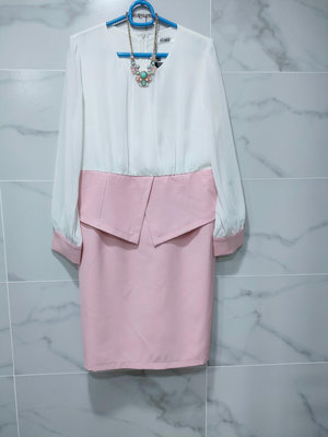 全新有吊牌 專櫃SO NICE 白色雪紡 粉色裙 全長內裡 長袖洋裝--連身裙