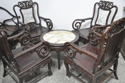 酸枝 ~ 圓桌+4扶手椅 (五件組 / 鑲崁雲石)..售86000元(非花梨.紫檀.紅木)
