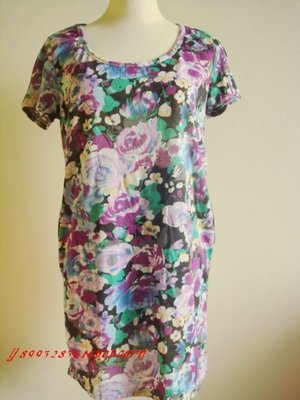 短袖紫色圓領花朵碎花印花甜美可愛洋裝連身裙長版上衣