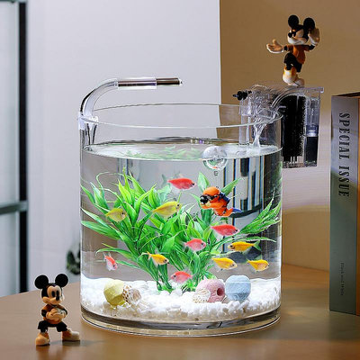 新款超白玻璃魚缸客廳辦公室桌面小型免換水生態圓柱形金魚缸造景