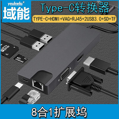 TYPE-C轉HDMI+VAG千兆RJ45+USB3.0 8合1擴展塢usb擴展器集分線器轉換 HUB MST筆記本底座 一拖八多功能轉換器