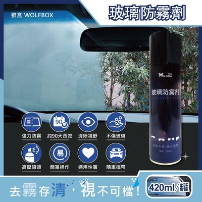 狼盒WOLFBOX-奈米科技防炫光清晰透亮汽車玻璃鏡片防霧劑420ml/藍罐