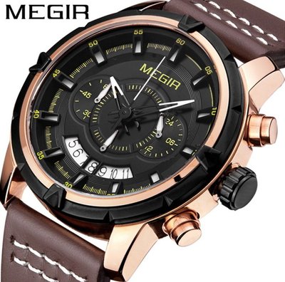【潮裡潮氣】美格爾MEGIR新品手錶多功能計時防水大錶盤真皮石英男士手錶2047