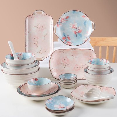 日式櫻花碗碟套裝家用特別好看的飯碗一人食餐具陶瓷盤子魚盤ins~特價