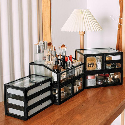 抽屜式玻璃化妝品收納盒家用大容量防塵梳妝檯口紅桌面透明置物架