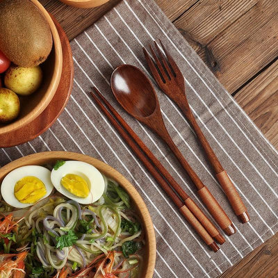 【有關居家】日本勺筷套裝 沙拉碗搭配 日式纏線木質勺子 勺叉筷三件式 長柄實木勺子