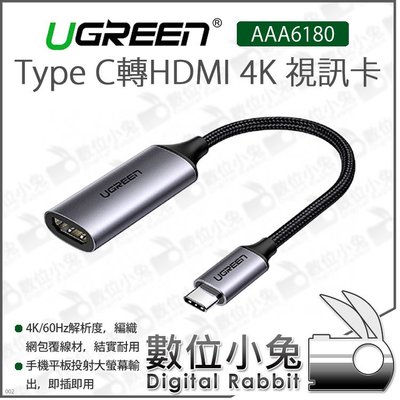 數位小兔【綠聯 Type-C 轉HDMI 4K 視訊卡 AAA6180】轉接線 4K 3D視效 散熱快 手機 會議 電視