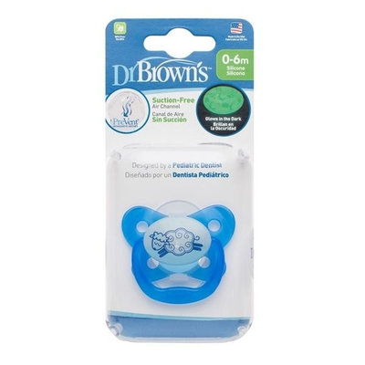 美國Dr Brown 布朗博士PreVent功能性夜光安撫奶嘴 藍2入0~6個月(附收納盒)