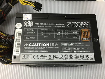 電腦雜貨店→電源供應器  酷碼  RS-750-ACAA-D3 750W  80PLUS 二手良品$800