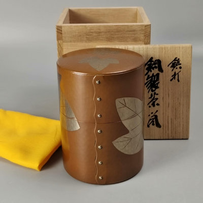 玉川堂造金彩葉紋日本銅茶筒茶葉罐未使用品帶原