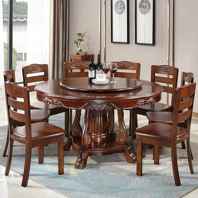 桌椅組中式實木圓形餐桌帶轉盤10人家用大圓桌吃飯桌子歺桌圓餐桌椅組合