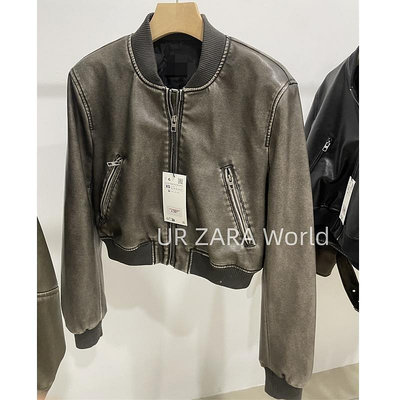 Zara皮衣女短款美式復古做舊黑上衣仿皮機車服夾克外套434173180