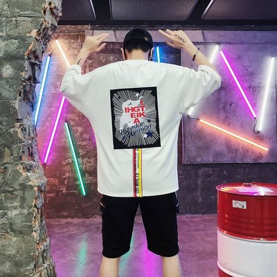 FINDSENSE2019 夏季 新款 韓國 街頭 嘻哈 兩件套 字母印花 時尚 寬鬆 個性短袖 半袖T恤 潮男上衣
