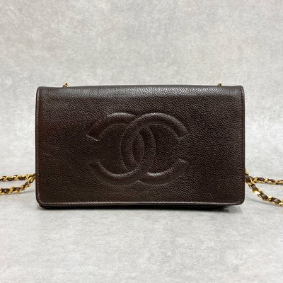 Chanel vintage 巧克力色荔枝皮大logo woc鏈條錢包斜背包