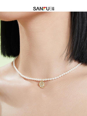 三福珍珠項鏈復古玫瑰頸鏈飾品時尚高級設計感輕奢吊