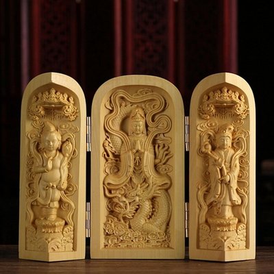 【睿智精品】佛教用品 三開盒佛龕 馭龍觀音 法像莊嚴 木雕擺件 黃楊木（GA-5163）