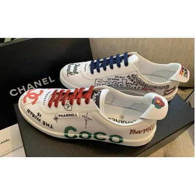 二手 Chanel X Pharrell William塗鴉帆布小白鞋 42嘻哈饒舌歌手菲董 首次聯名 現貨