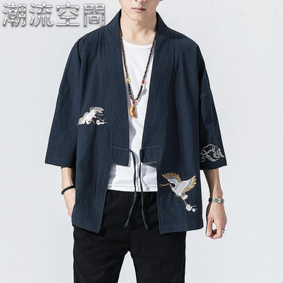 中國風男裝青年唐裝亞麻外套古裝漢服和服日系道袍文藝復古上衣-潮流空間