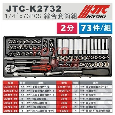【YOYO汽車工具】JTC-K2732 1/4"DR.73PCS 綜合套筒組 2分 6角 長套筒 棘輪扳手 星型套筒