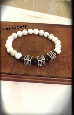 【 SenZ accessory 】獨家客製化串珠手鍊 類Anil Arjandas 微鑲鑽方形珠 8mm 白松石白紋石