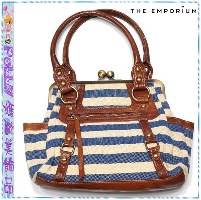 ☆POLLY媽☆日本THE EMPORIUM棕色皮質/藍白條紋麻質帆布銅扣手提包