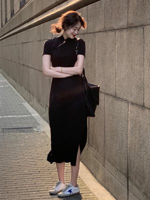 【熱賣下殺】ttssvintage 黑色長旗袍改良夏季連衣裙長款過膝氣質顯瘦國風裙子