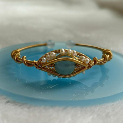 天然海藍寶珍珠14k包金繞線手環