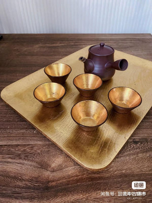 日本中古漆器 天然木地金箔厚胎茶盤 全新無使用 個別有漆下18405
