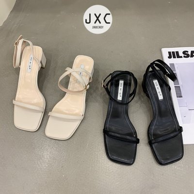 JXC女鞋 時尚方頭新款一字式扣帶露趾中跟涼鞋