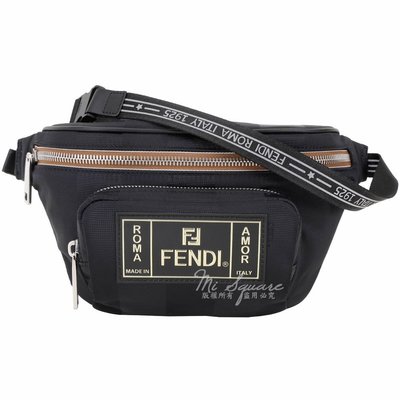 現貨熱銷-FENDI 標籤系列條紋緹花帆布胸肩背/腰包(黑色) 1920501-58